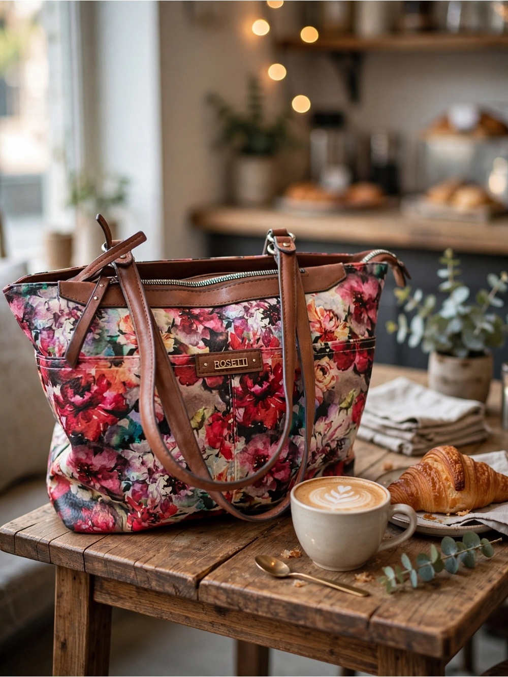 ROSETTI Floral Tote Bag Watercolor Flowers with Brown trim Purse Zipper Boho
